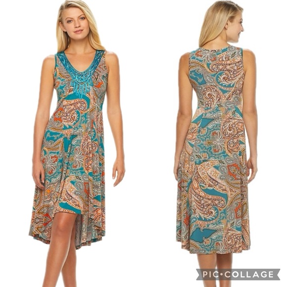 World Unity Matisse Paisley Print Embroidered Sleeveless High Low Dress - Picture 2 of 16